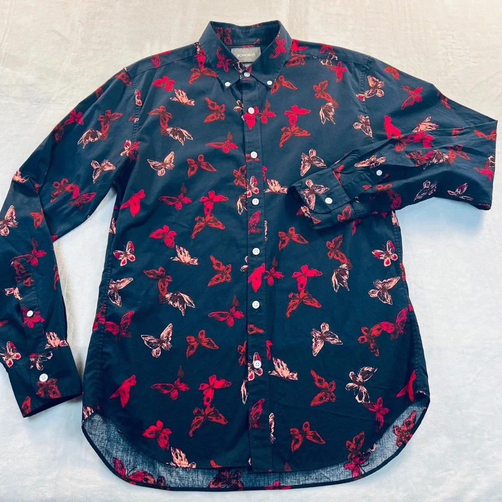 Bonobos Mens Slim Fit Butterfly Print Button Down Shirt Navy Red Size M
